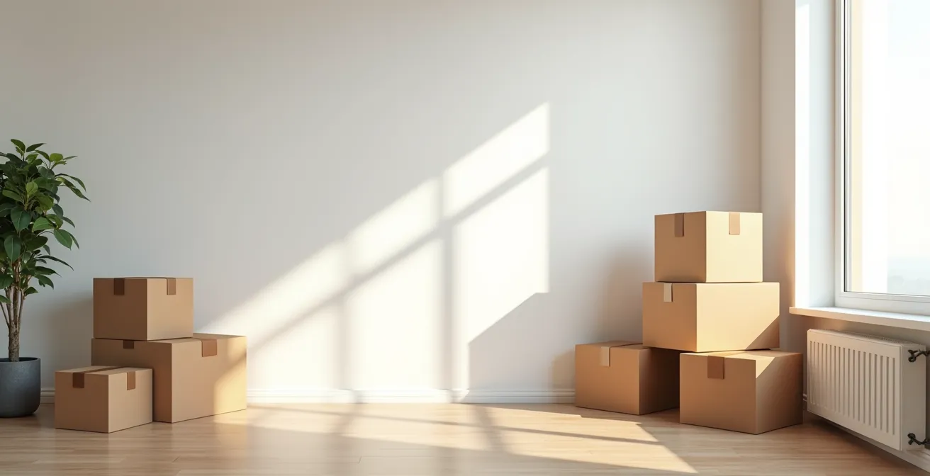 Intérieur épuré et lumineux symbolisant une transition de vie sereine