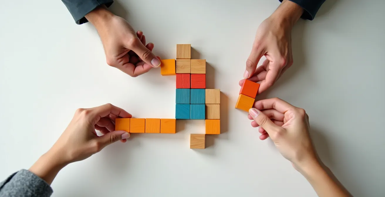 Mains expertes manipulant des éléments modulaires représentant la planification flexible d'un déménagement