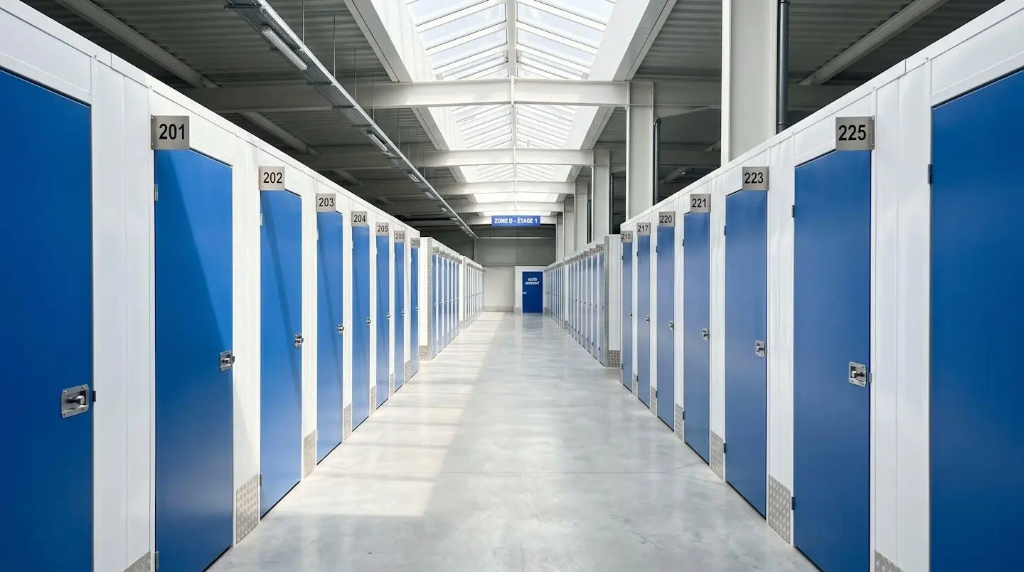 Large couloir lumineux d'une installation moderne de self-stockage avec des portes de box numérotées alignées de chaque côté