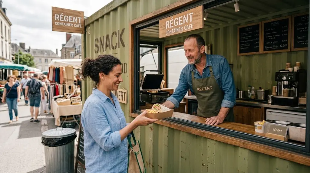 Un restaurateur sert un client depuis la fenêtre d'un container snack.