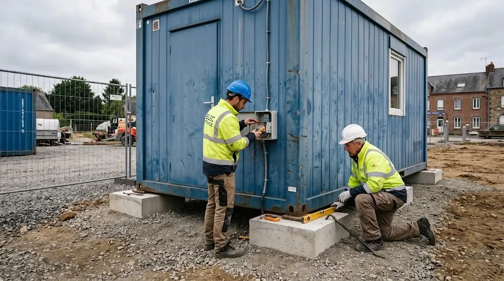Deux techniciens contrôlent le raccordement électrique d'un container installé.